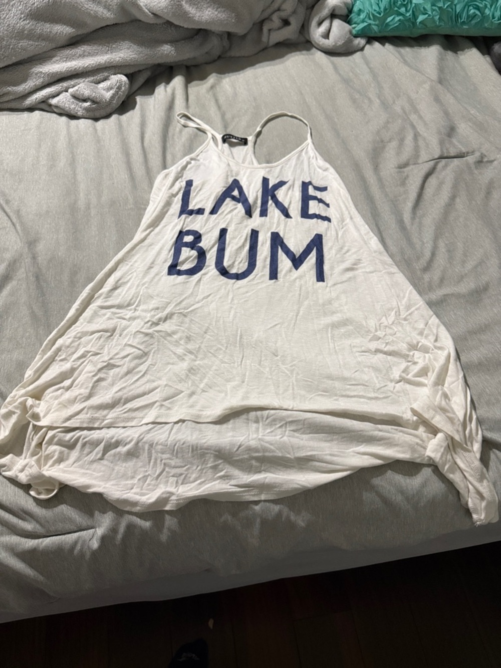 White Tank Top with "LAKE BUM" Blue Print